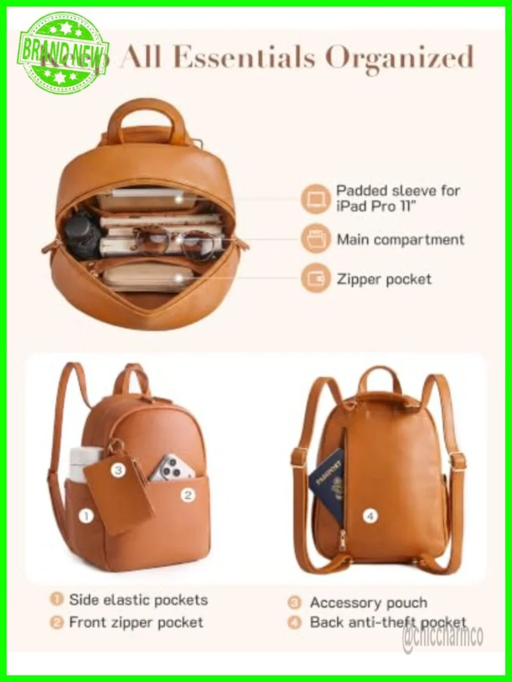 Faux Leather Mini Backpack Purse Convertible 4-Way Water Resistant Vintage